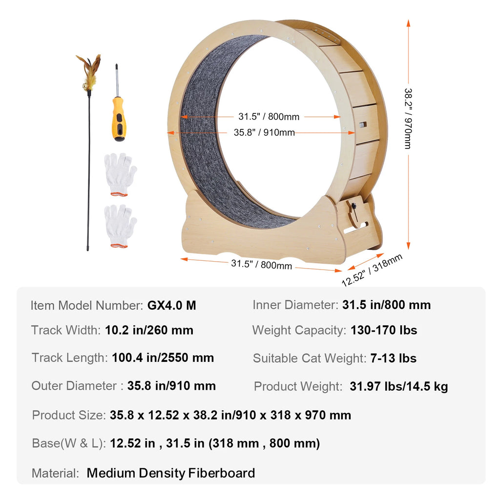 Rueda de ejercicio de madera para gatos SucceBuy, rueda grande para gatos de interior con alfombra desmontable y juguete para gatos