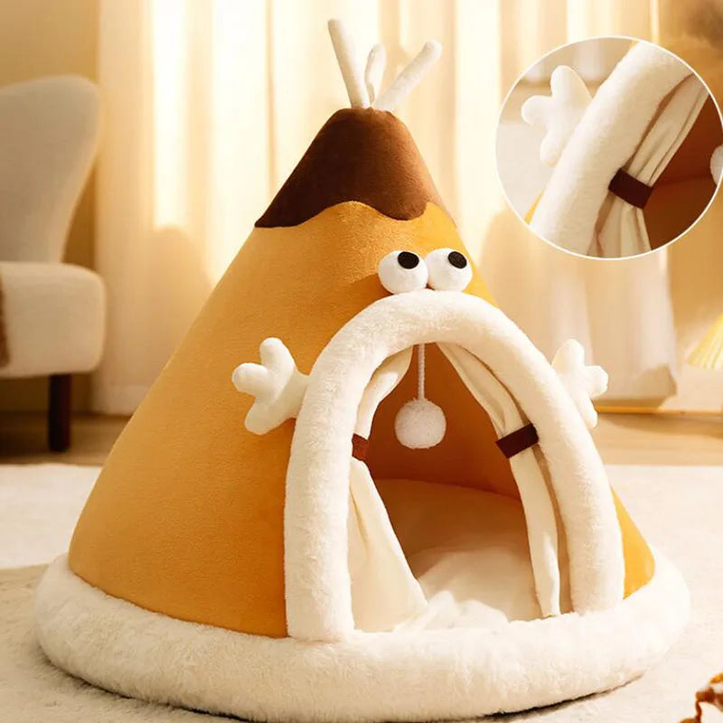 Tienda de campaña triangular tipo yurta para perros, cálida y a prueba de viento, para otoño e invierno, con osito de peluche