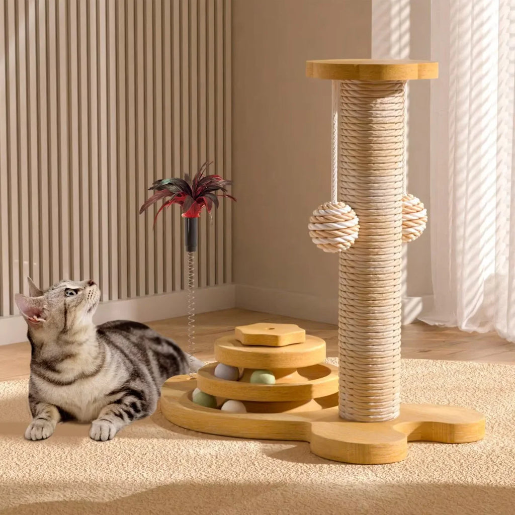 El rascador para gatos es resistente al desgaste y no suelta pelusa. La columna rascadora está hecha de cáñamo de sisal y se utilizan juguetes para gatos.