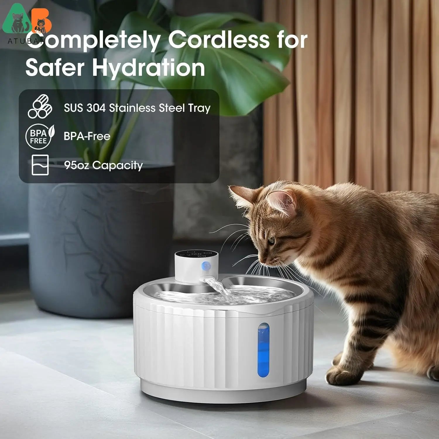 Bebedero inalámbrico para gatos ATUBAN, 2,8 L (95 oz), funciona con pilas, para mascotas, bebedero automático para perros, bomba silenciosa