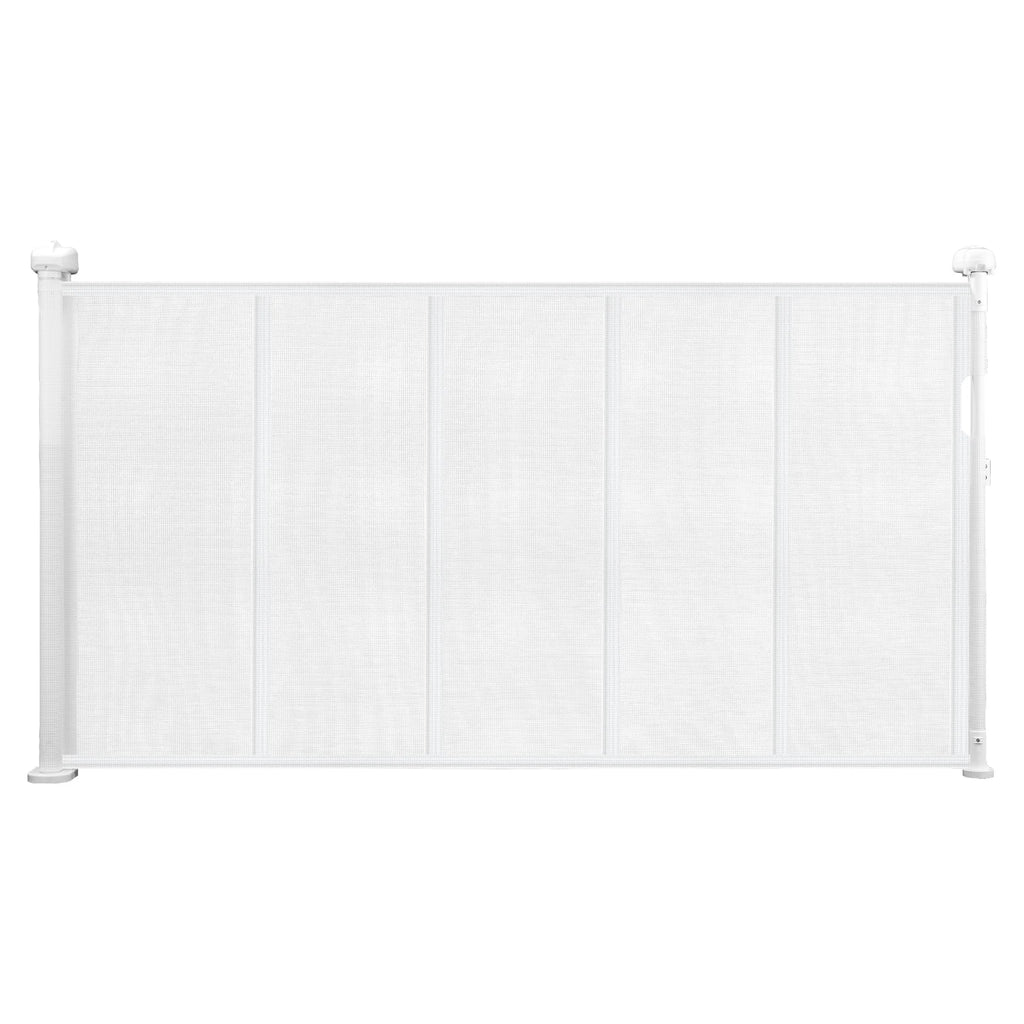 Puerta de seguridad retráctil SucceBuy de 55/71/110 pulgadas, 34 pulgadas de alto, se extiende ampliamente, ideal para niños y mascotas. Material de malla. Fácil de instalar.