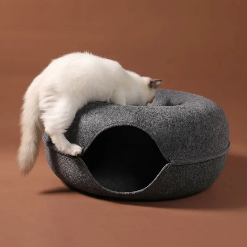Cama para gatos con forma de donut para 2 gatos, túnel para gatos, juguetes interactivos para gatitos, nido tipo cueva de conejo de fieltro natural