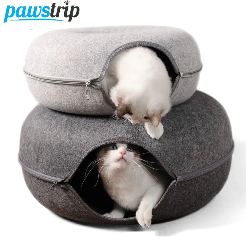 Cama para gatos con forma de donut para 2 gatos, túnel para gatos, juguetes interactivos para gatitos, nido tipo cueva de conejo de fieltro natural