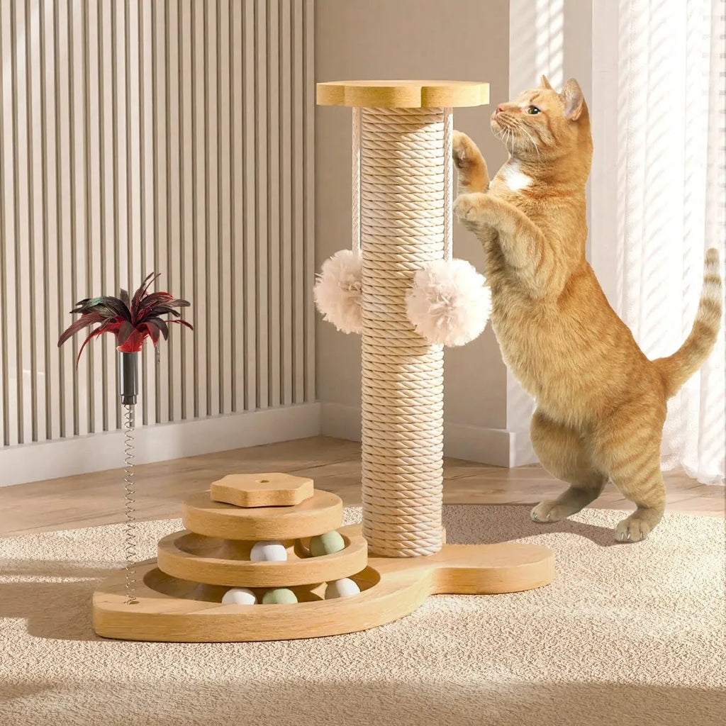 El rascador para gatos es resistente al desgaste y no suelta pelusa. La columna rascadora está hecha de cáñamo de sisal y se utilizan juguetes para gatos.
