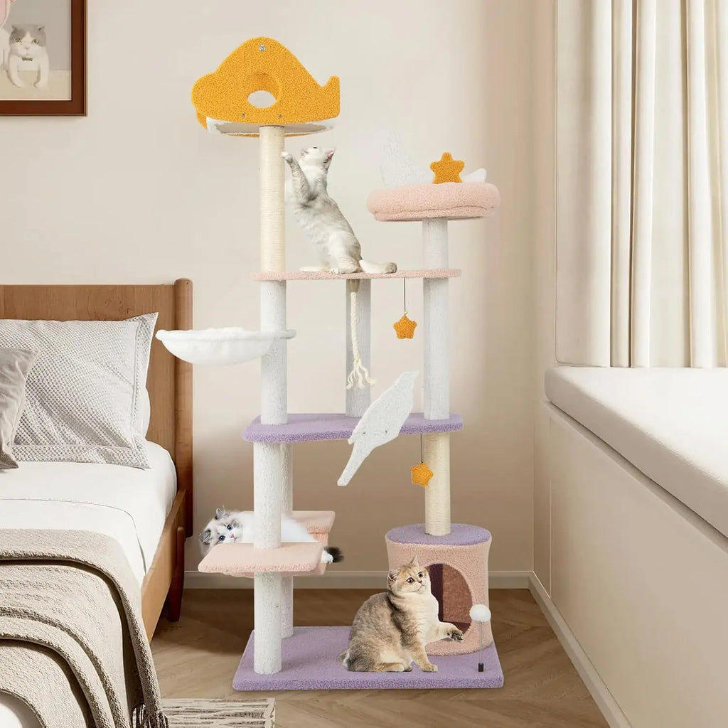 Árbol para gatos de 167 cm con poste rascador de sisal, plataforma, juguetes, hamaca curva, 68x48x167 cm