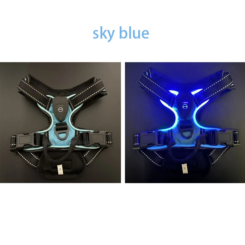 Arnés luminoso LED para perros, ajustable, recargable, sin tirones, tipo chaleco para mascotas, para perros pequeños, medianos y grandes. Ideal para paseos al aire libre.