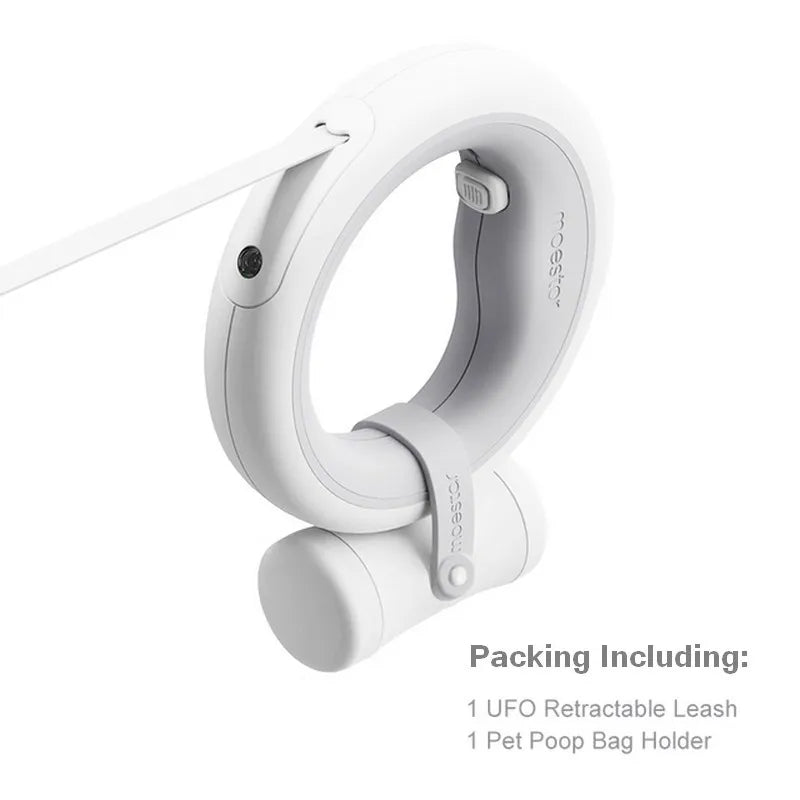 Correa retráctil Moestar tipo OVNI para mascotas con luz LED, ideal para paseos nocturnos. Correa inteligente manos libres anti-choque, color gris.