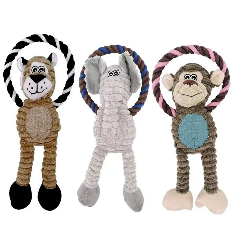 Dog Plush Toys Squeaky Animal Toys Lion Elephant Monkey Shaped Pet Chew Toy Interactive Teeth Cleaning Toy Pet Training Anti Bit