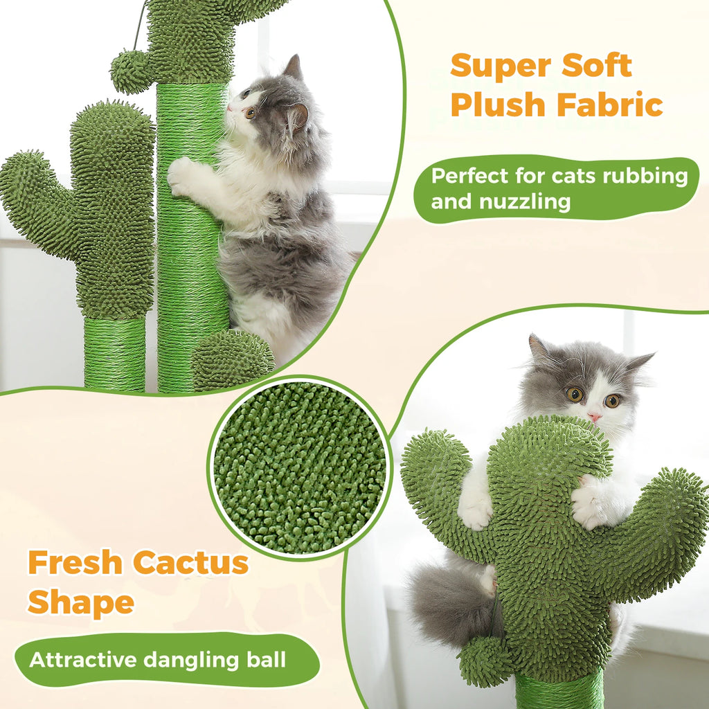 Cactus Cat Scratching Post for Indoor Cats Tall Cat Scratcher with 3 Sisal Scratching Poles Interactive Dangling Ball Cat Toys
