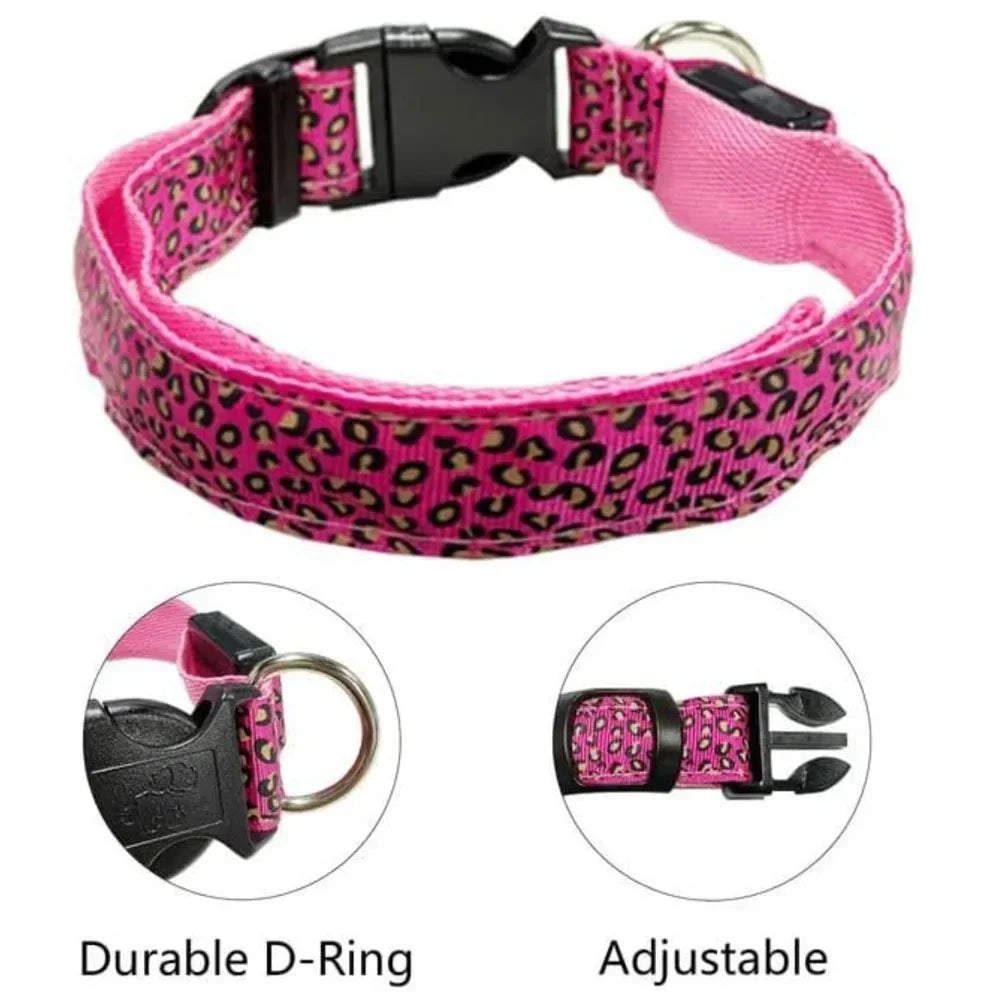 Collar luminoso LED ajustable para perros con diseño de leopardo. Collar de nailon para seguridad nocturna de mascotas con luz LED brillante.