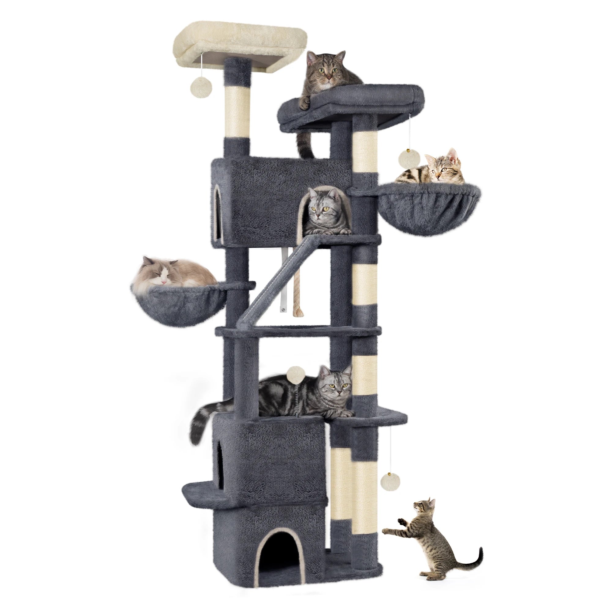 Árbol para gatos Hzuaneri de 185 cm, torre grande para gatos de interior, mueble para casa de gatos con 2 plataformas, 3 casitas y 6 postes rascadores.