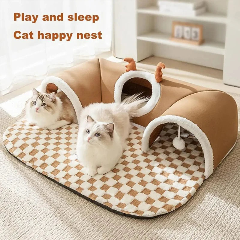 Cama de invierno para gatos, cálida y afelpada, con diseño de reno, túnel para jugar al escondite y dormir, casita integrada para mascotas.