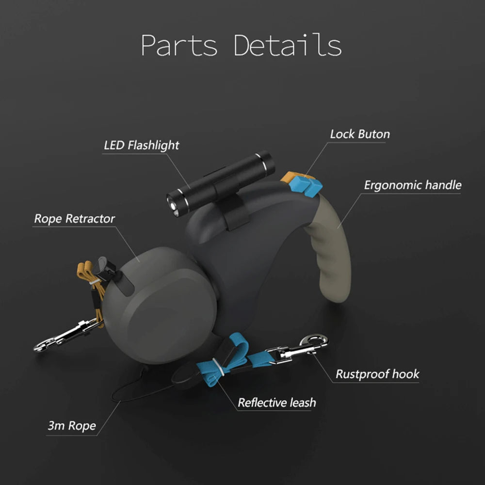 Correa de tracción retráctil para dos perros, ajustable, doble, con luz y rotacion