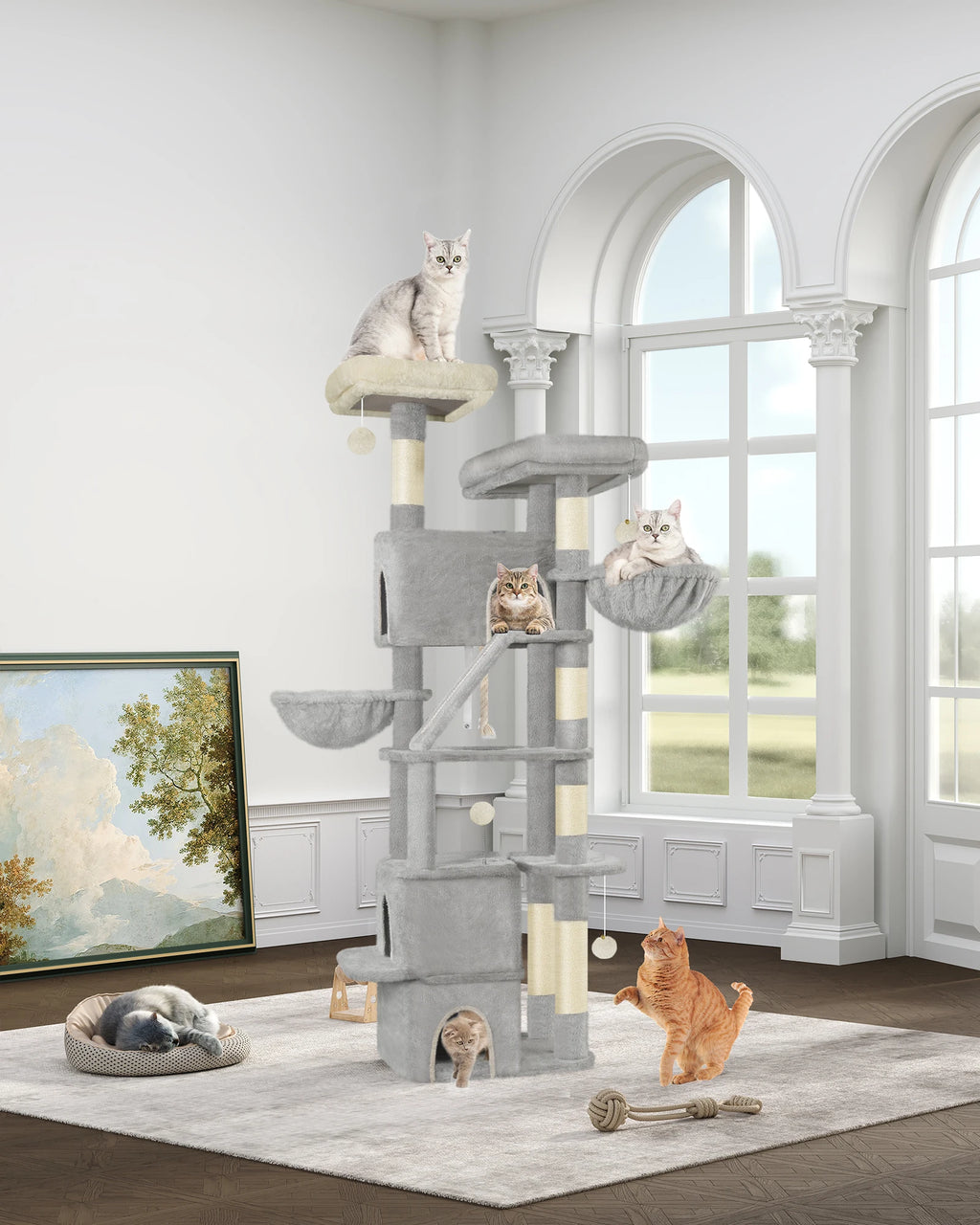 Árbol para gatos Hzuaneri de 185 cm, torre grande para gatos de interior, mueble para casa de gatos con 2 plataformas, 3 casitas y 6 postes rascadores.
