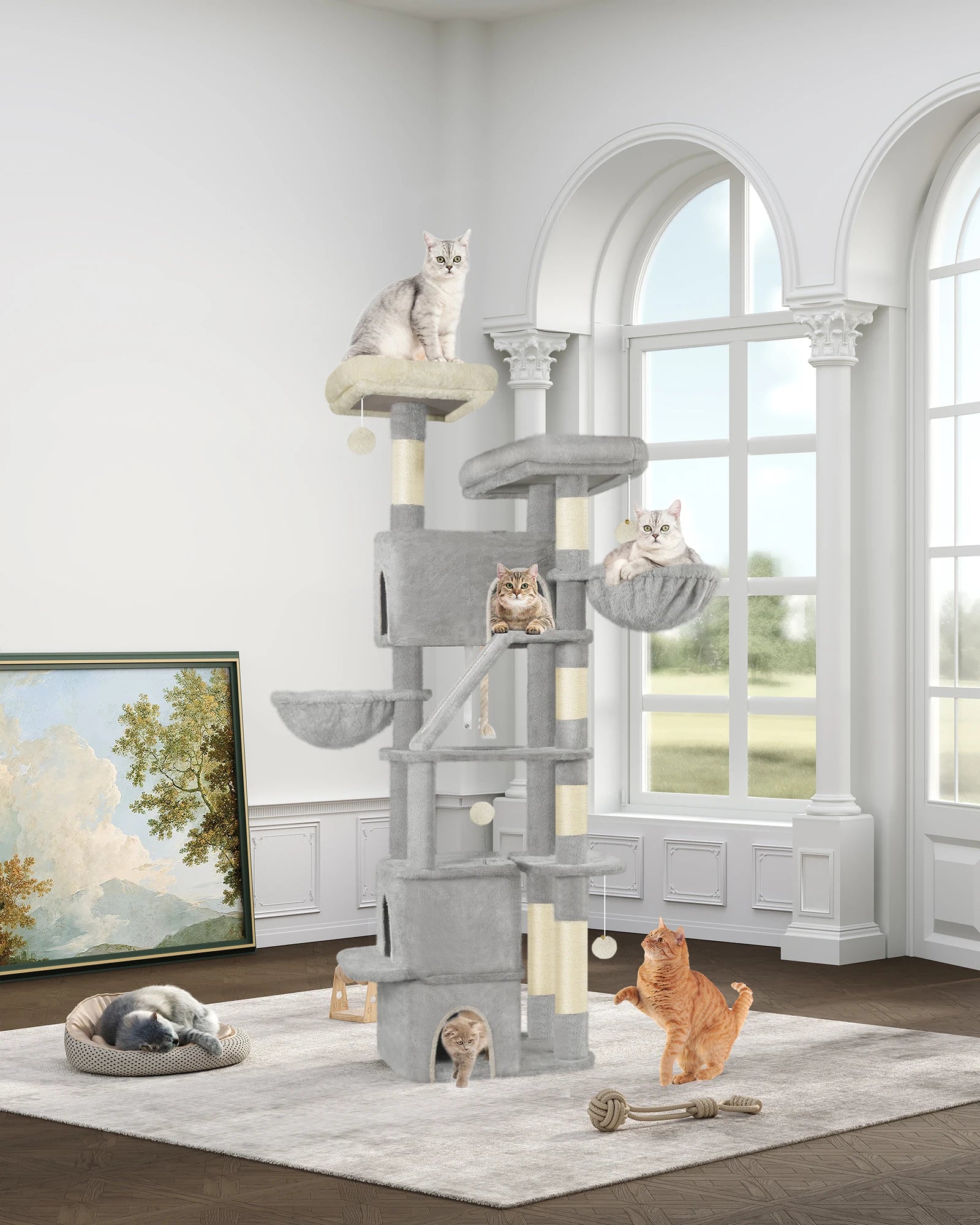 Árbol para gatos Hzuaneri de 185 cm, torre grande para gatos de interior, mueble para casa de gatos con 2 plataformas, 3 casitas y 6 postes rascadores.