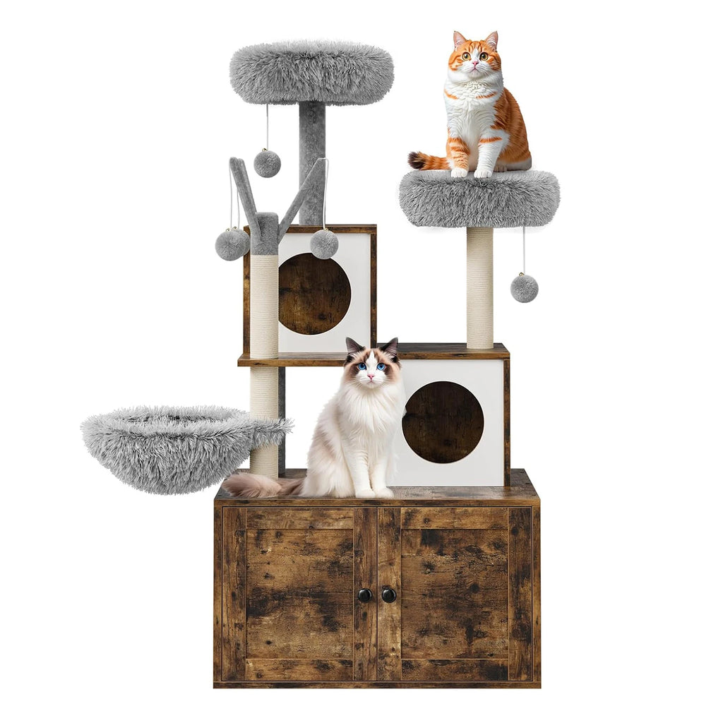 Recinto para caja de arena con torre y condominio para gatos, mueble oculto para baño de gatos con poste rascador de sisal y percha de felpa suave