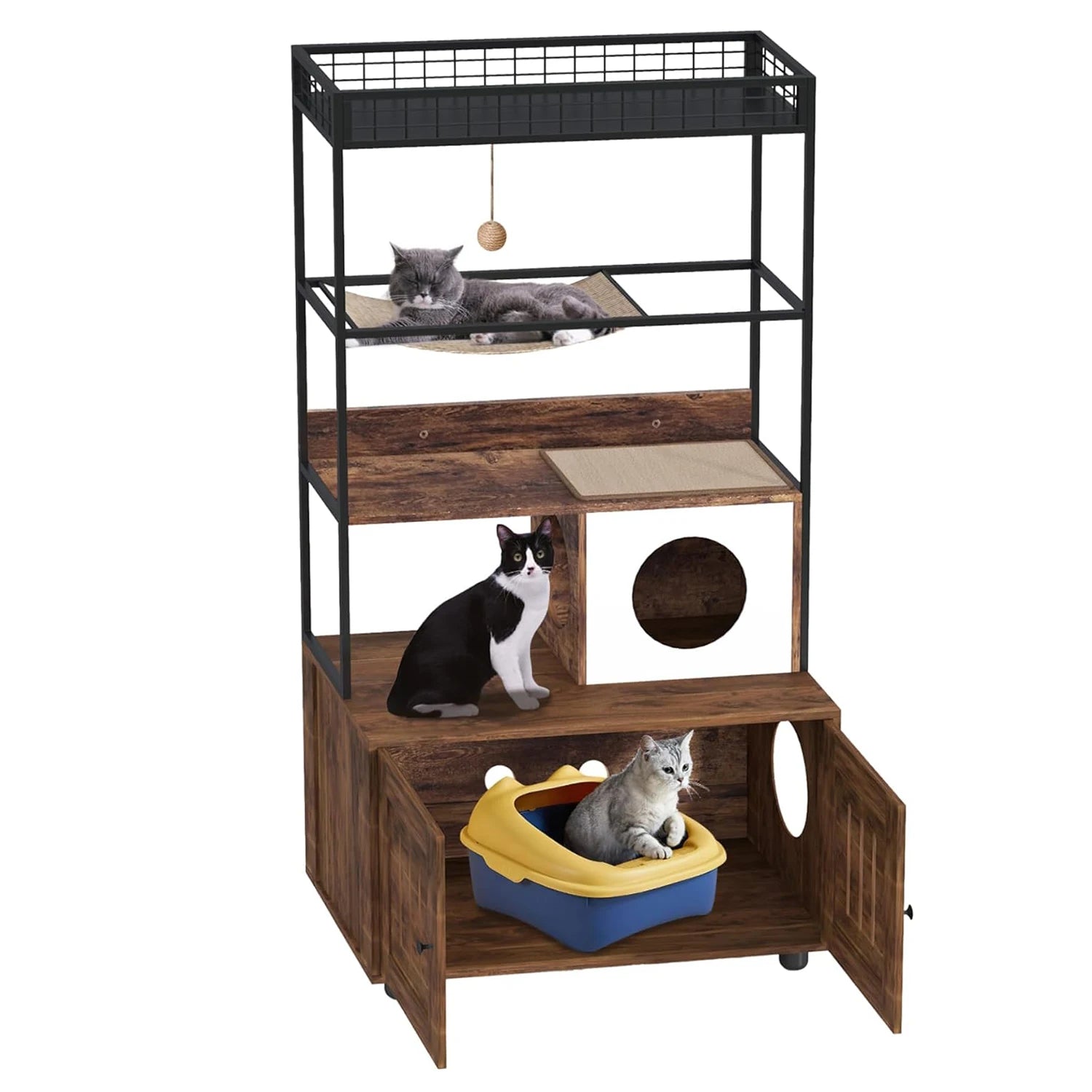 Mueble para gatos con arenero oculto, estructura metálica, armario tipo torre de madera, hamaca y rascador, recinto para arenero.