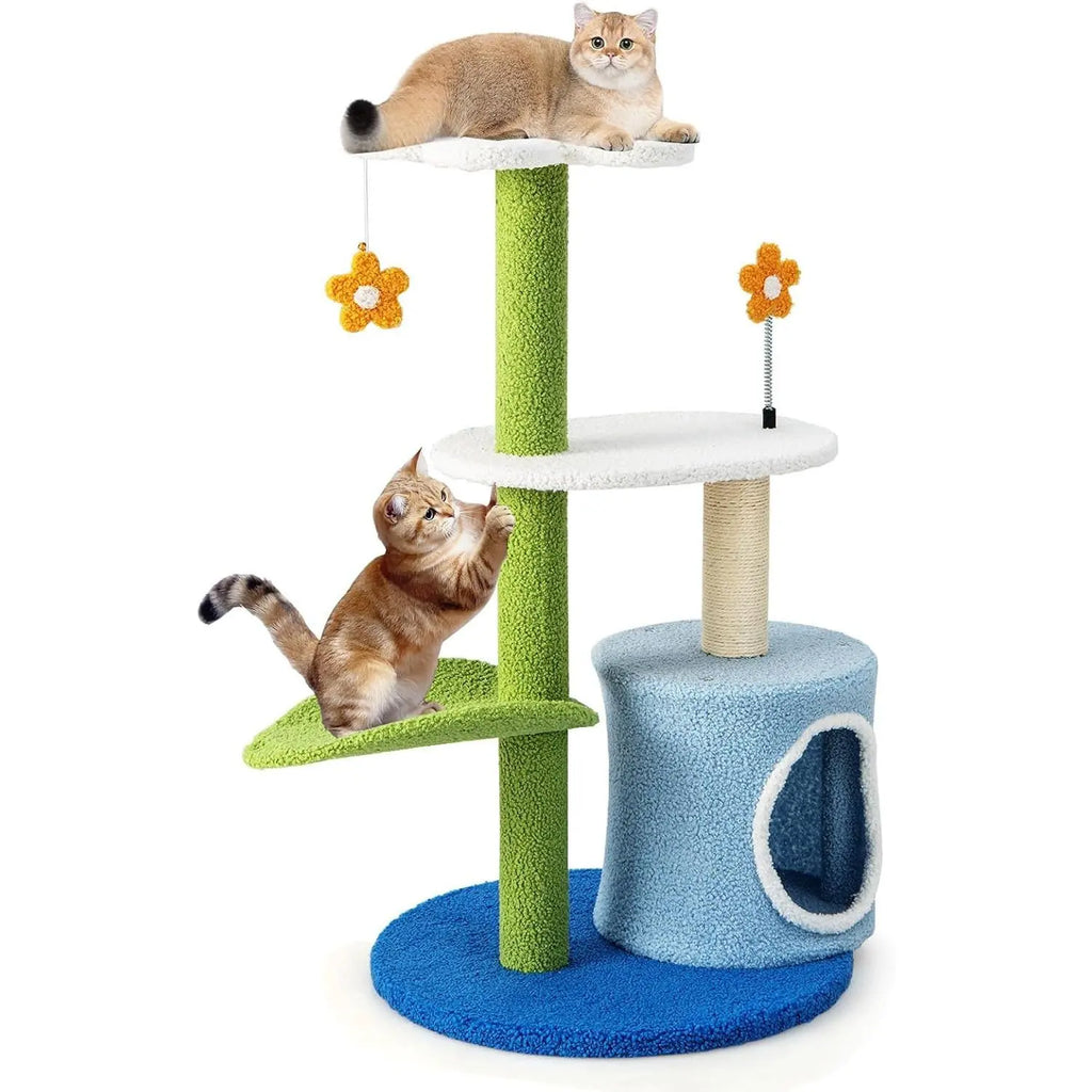 Árbol para gatos de 87 cm con poste rascador de sisal, percha y nido de peluche acogedor, multicolor