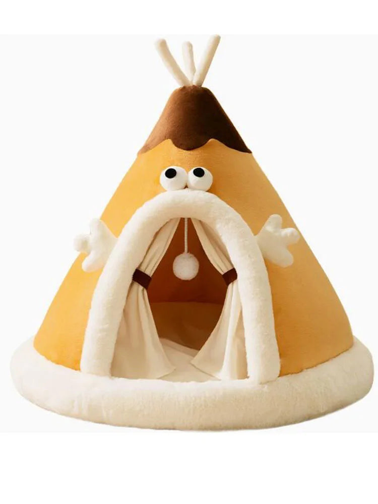 Tienda de campaña triangular tipo yurta para perros, cálida y a prueba de viento, para otoño e invierno, con osito de peluche