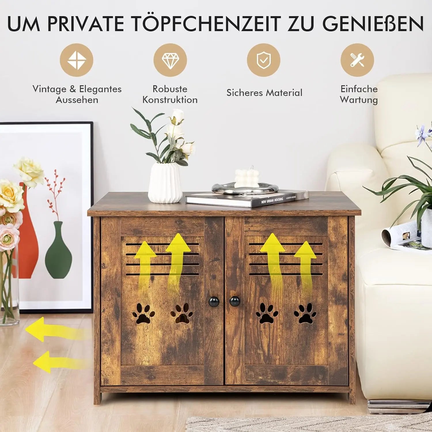 Mueble arenero para gatos, cueva para gatos con 2 puertas y entrada, casita arenero para gatos, caja para mascotas, transportín vintage marrón