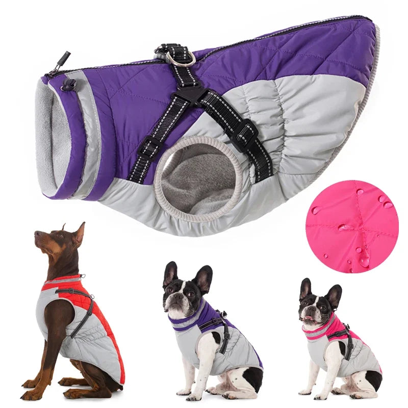 Chaqueta impermeable para mascotas con arnés, ropa de invierno cálida para perros pequeños y grandes, abrigo para labrador, chihuahua, bulldog francés