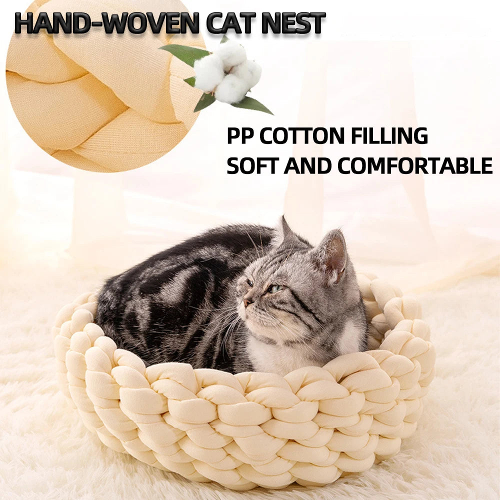 Nido para mascotas Weave Pet Nest, caseta para perros de tejido grueso, diámetro de 30 a 60 cm, cálida, desmontable, lavable, redonda, para gatos, disponible en todas las estaciones.