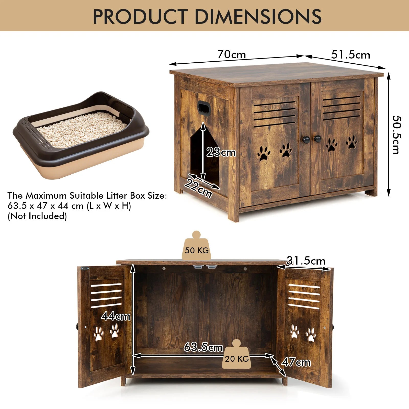 Mueble arenero para gatos, cueva para gatos con 2 puertas y entrada, casita arenero para gatos, caja para mascotas, transportín vintage marrón