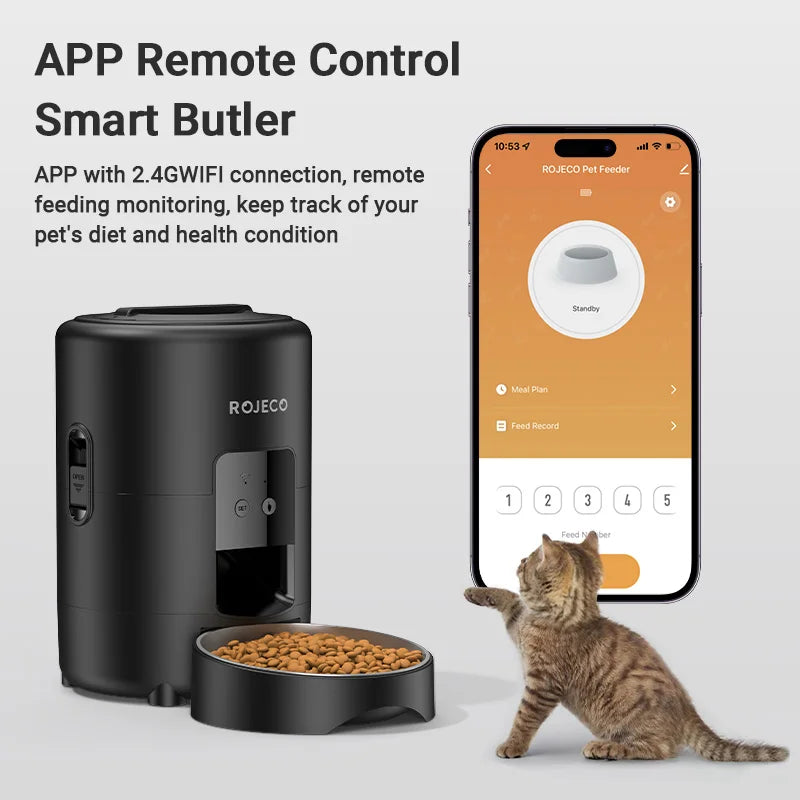 Comedero automático ROJECO para mascotas, dispensador inteligente de croquetas para gatos de 2 litros con control remoto por aplicación Wi-Fi. También sirve como comedero automático para perros y gatos.