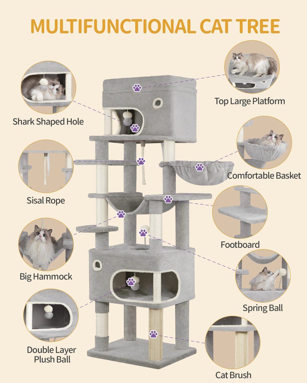Arbol rascador para gatos,de 178 cm de altura