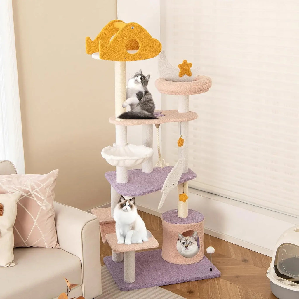 Árbol para gatos de 167 cm con poste rascador de sisal, plataforma, juguetes, hamaca curva, 68x48x167 cm