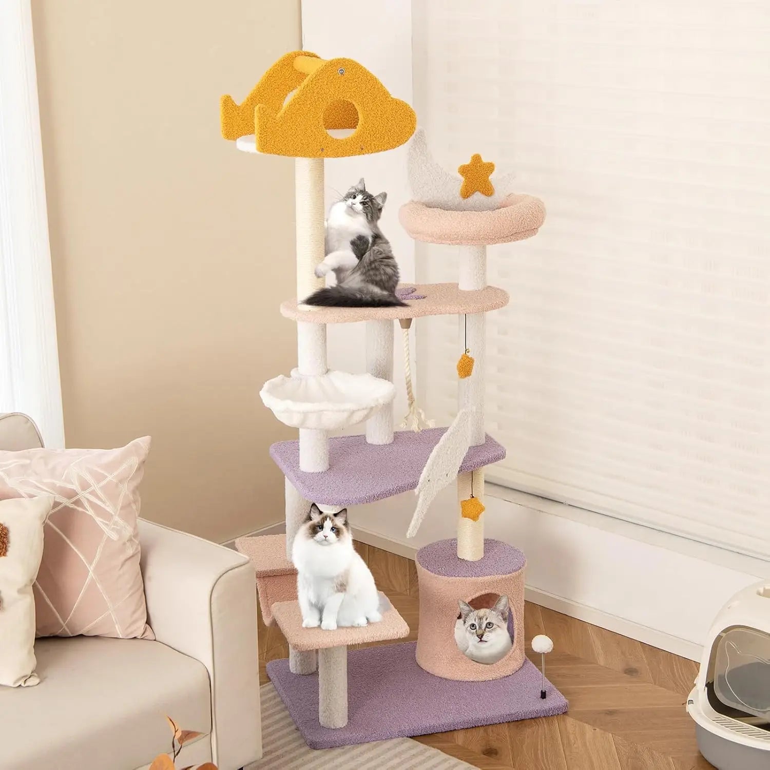 Árbol para gatos de 167 cm con poste rascador de sisal, plataforma, juguetes, hamaca curva, 68x48x167 cm