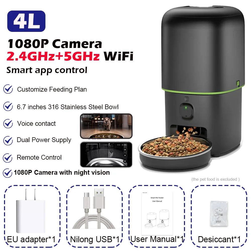 Dispensador automático de comida para gatos con cámara, control mediante la aplicación Tuya y conexión WiFi 2.4G/5G. Compatible con gatos y perros.