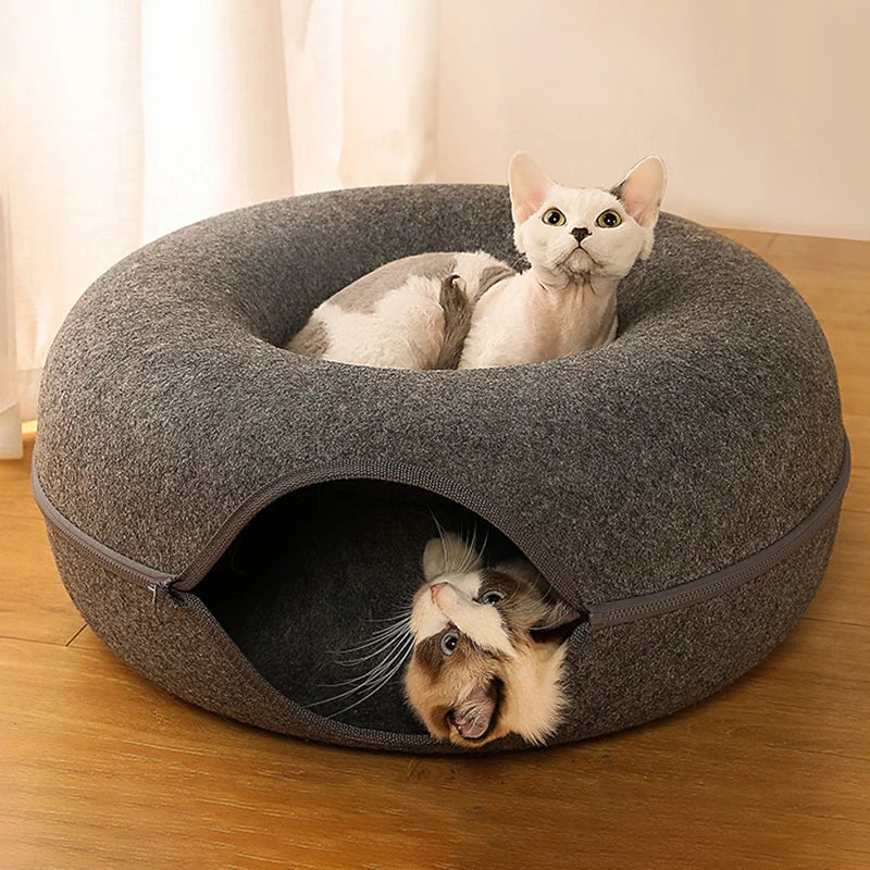 Cama para gatos con forma de donut para 2 gatos, túnel para gatos, juguetes interactivos para gatitos, nido tipo cueva de conejo de fieltro natural