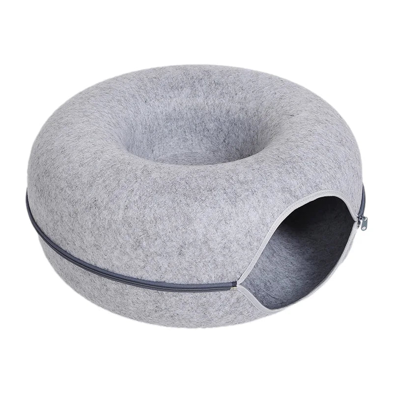 Cama para gatos con forma de donut para 2 gatos, túnel para gatos, juguetes interactivos para gatitos, nido tipo cueva de conejo de fieltro natural