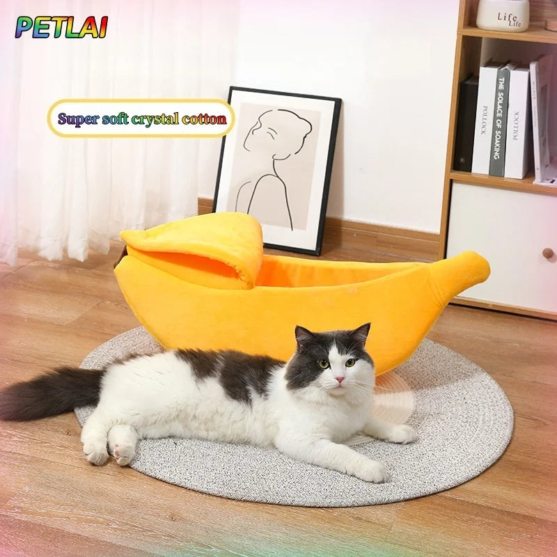 Cama banana para gatos, casita súper suave, adorable cama banana semicerrada y cálida para mascotas, accesorios para gatos, cama para perros, cojines banana con tapa