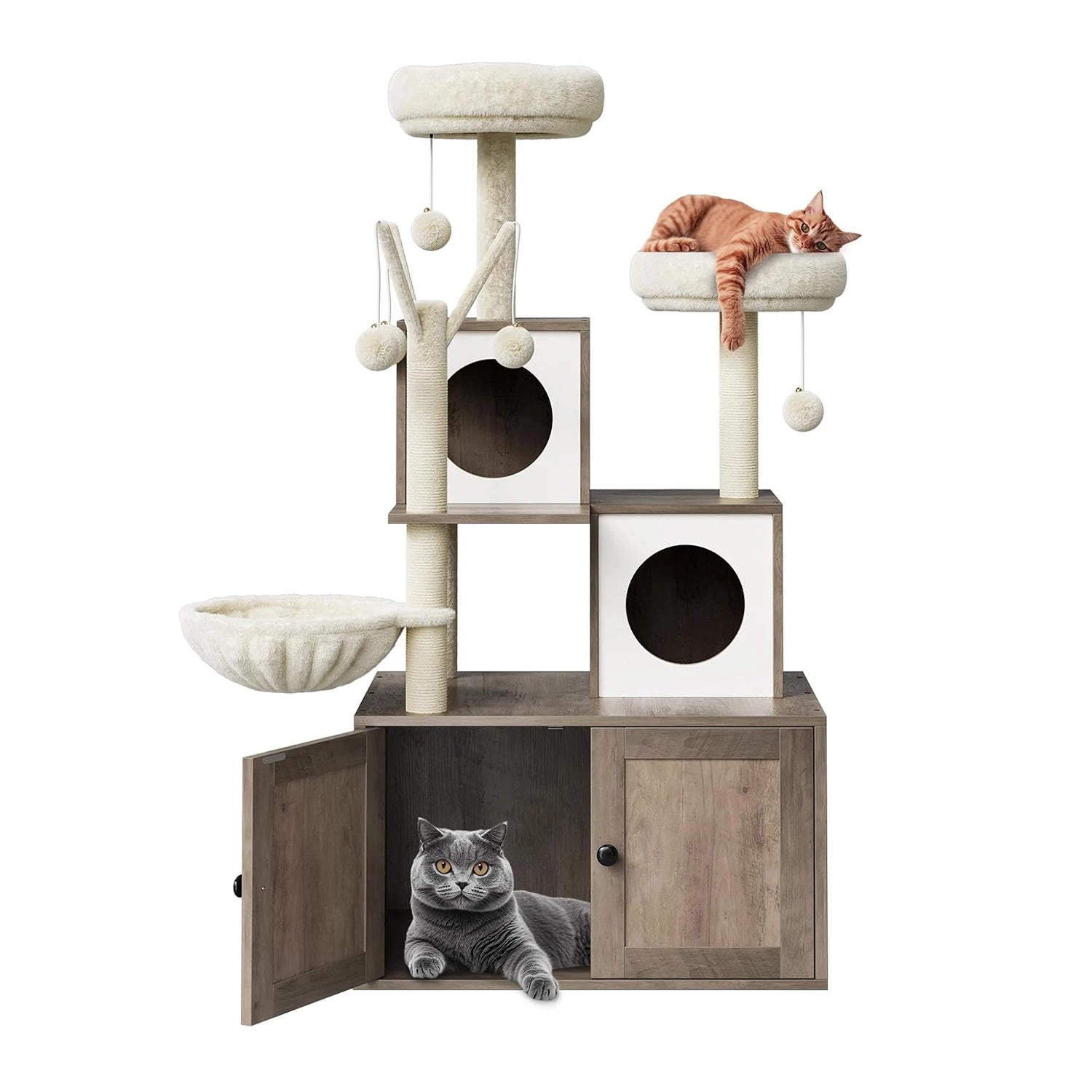 Recinto para caja de arena con torre y condominio para gatos, mueble oculto para baño de gatos con poste rascador de sisal y percha de felpa suave