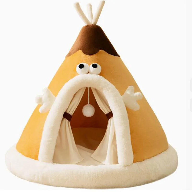 Tienda de campaña triangular tipo yurta para perros, cálida y a prueba de viento, para otoño e invierno, con osito de peluche