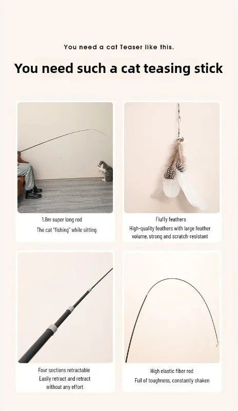Palo telescópico extensible para gatos, 1,8 m, resistente a arañazos, accesorios para mascotas, caña de pescar telescópica con pluma para gatos activos