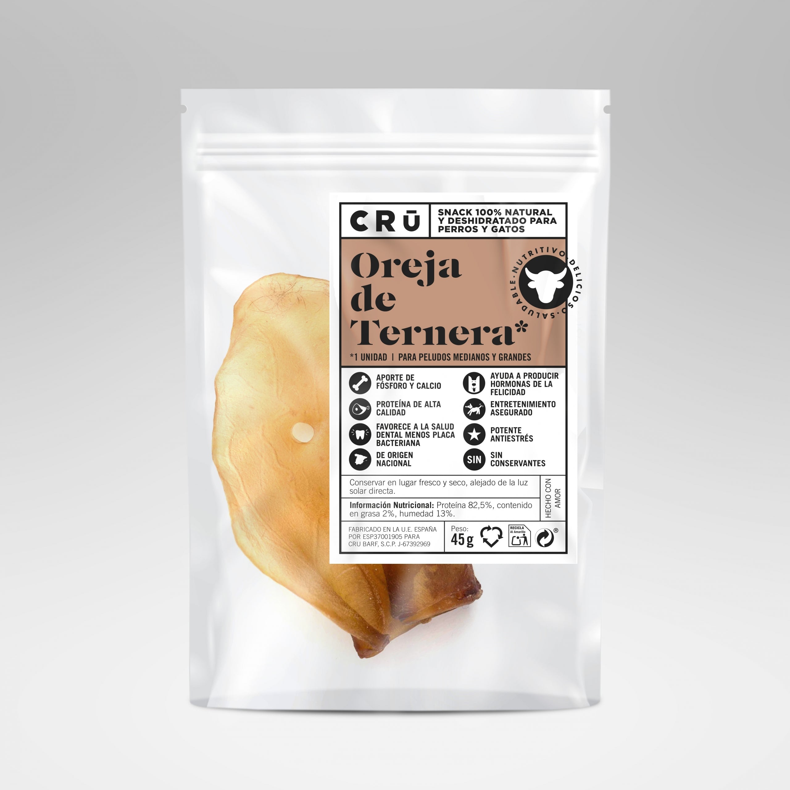 Snack de Oreja de Ternera Deshidratada 100% Natural para Perro