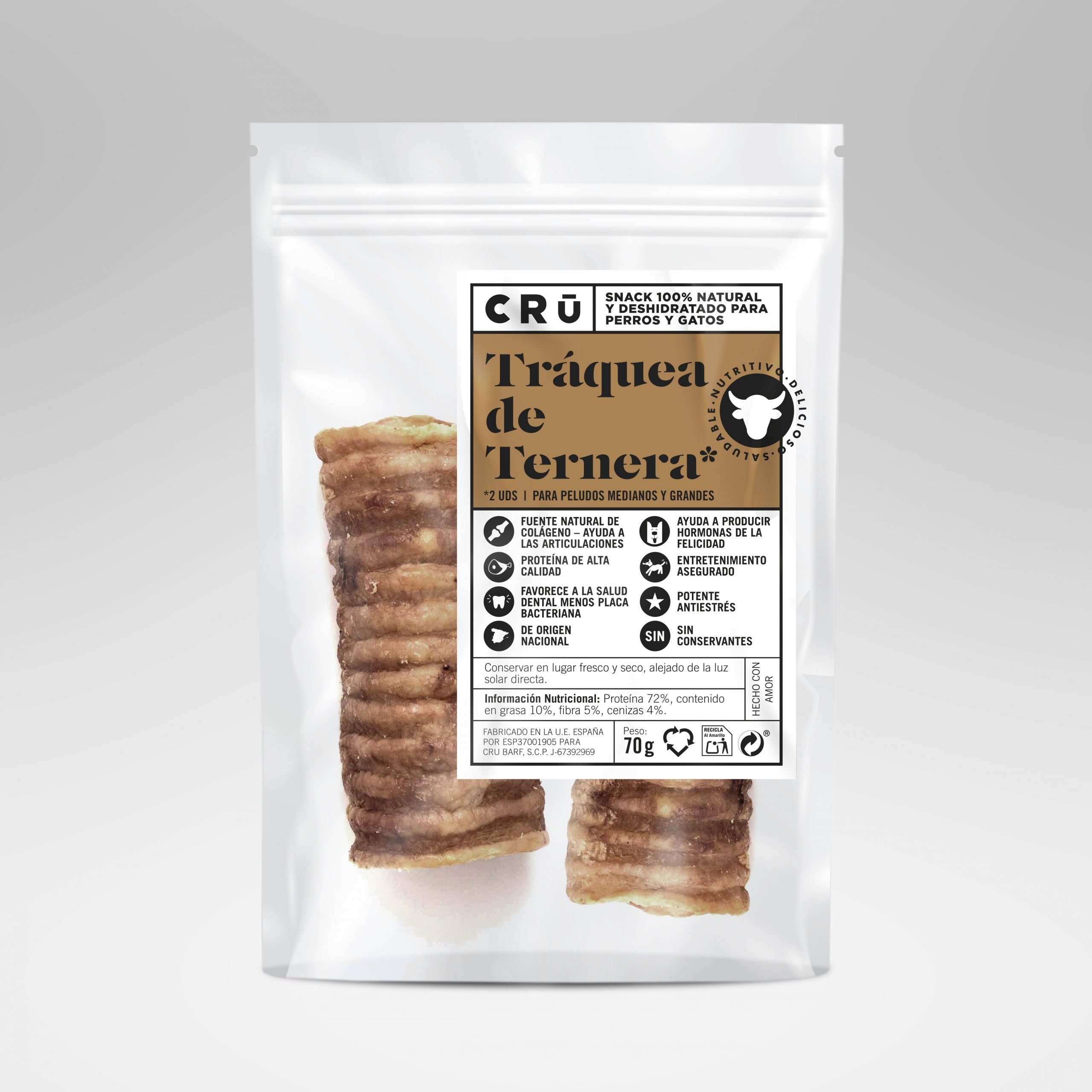 Snack de Tráquea de Ternera Deshidratada 100% Natural para Perro