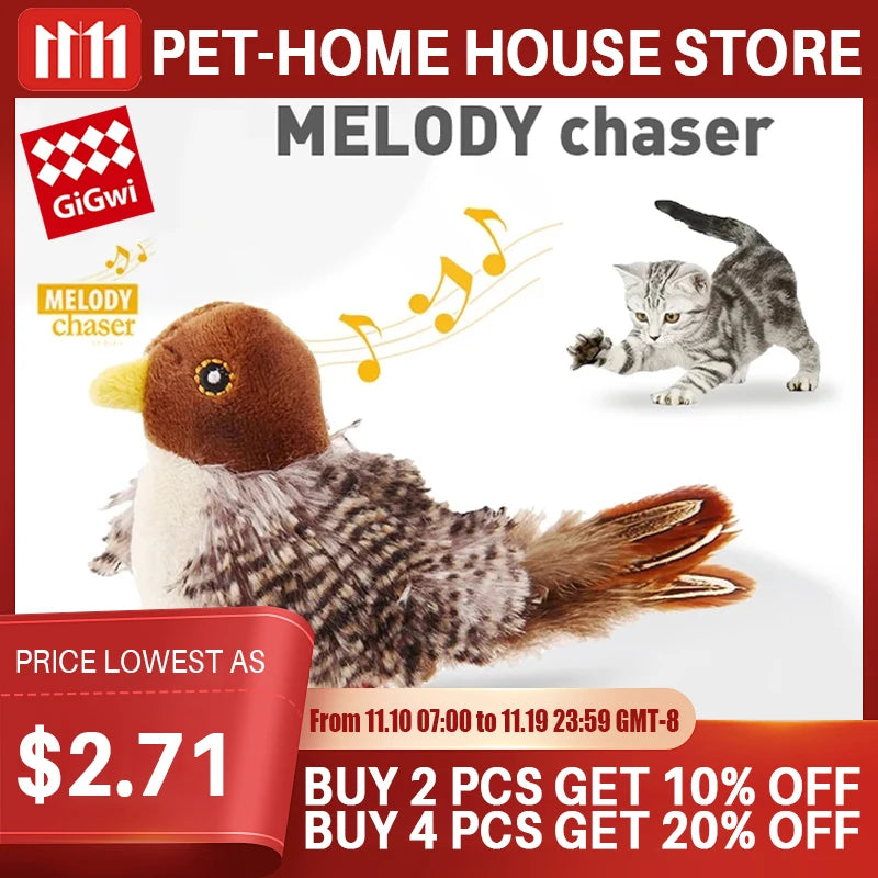 Juguete de peluche táctil GiGwi con forma de pájaro que emite sonidos y aleteos.