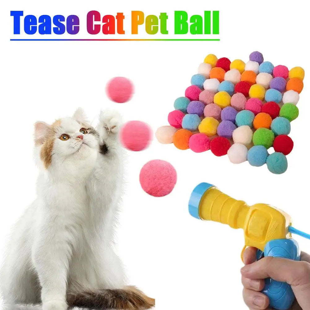 Juguete interactivo de lanzamiento para gatos con 20 pelotas para entrenamiento. Mini pistola de tiro para gatitos. Pelotas de peluche elásticas para mascotas.