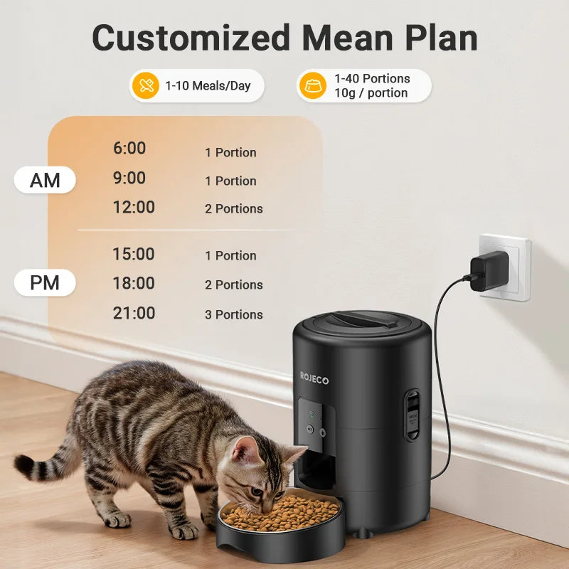 Comedero automático ROJECO para mascotas, dispensador inteligente de croquetas para gatos de 2 litros con control remoto por aplicación Wi-Fi. También sirve como comedero automático para perros y gatos.