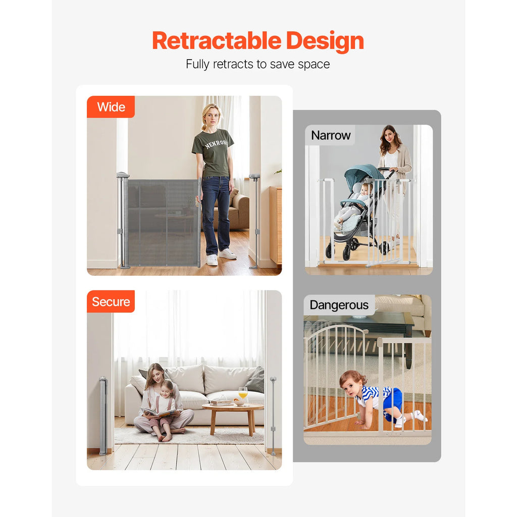Puerta de seguridad retráctil SucceBuy de 55/71/110 pulgadas, 34 pulgadas de alto, se extiende ampliamente, ideal para niños y mascotas. Material de malla. Fácil de instalar.