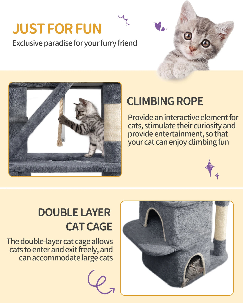 Árbol para gatos Hzuaneri de 185 cm, torre grande para gatos de interior, mueble para casa de gatos con 2 plataformas, 3 casitas y 6 postes rascadores.