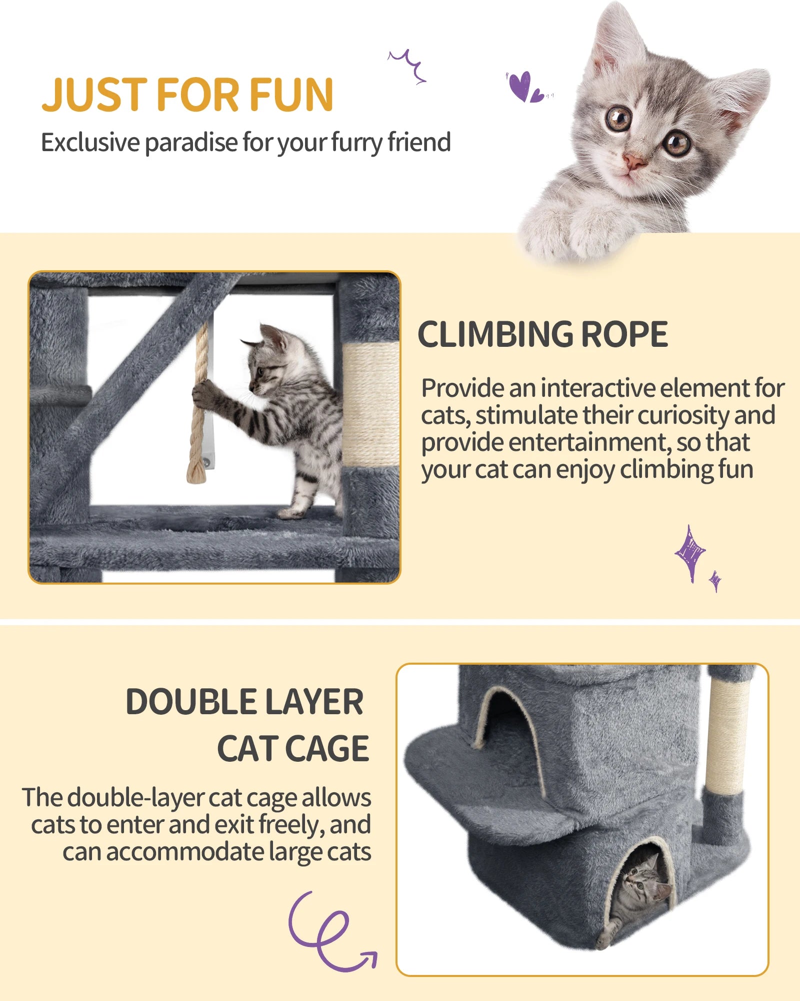 Árbol para gatos Hzuaneri de 185 cm, torre grande para gatos de interior, mueble para casa de gatos con 2 plataformas, 3 casitas y 6 postes rascadores.