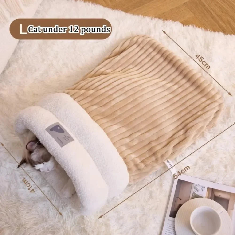 Saco de dormir para mascotas, cómodo y flexible, casita para gatos y cachorros, cálido en invierno, suave y afelpado, semicerrado y resistente al viento.