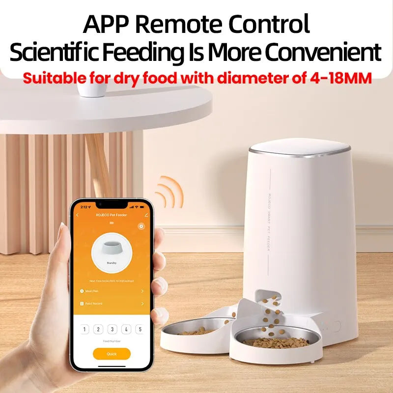Comedero automático para gatos ROJECO, dispensador inteligente de croquetas con control remoto y botón WiFi. Compatible con gatos y perros.