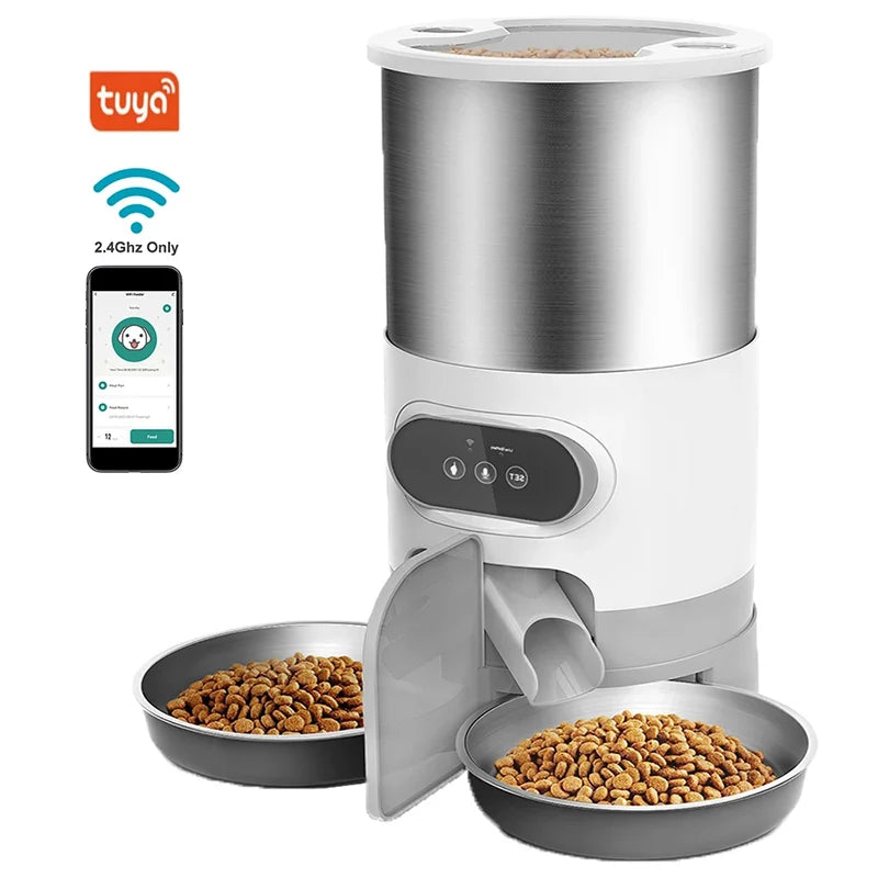 Comedero automático para gatos con temporizador y aplicación inteligente. Fabricado en acero inoxidable, doble ración de comida para mascotas. Dispensador automático con control remoto. Apto para gatos y perros.