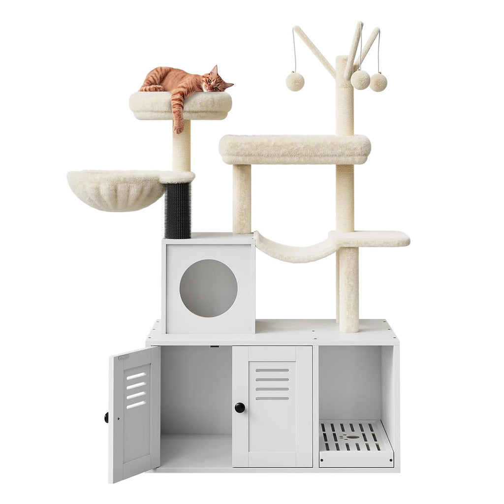 Recinto para caja de arena con torre y condominio para gatos, mueble oculto para baño de gatos con poste rascador de sisal y percha de felpa suave